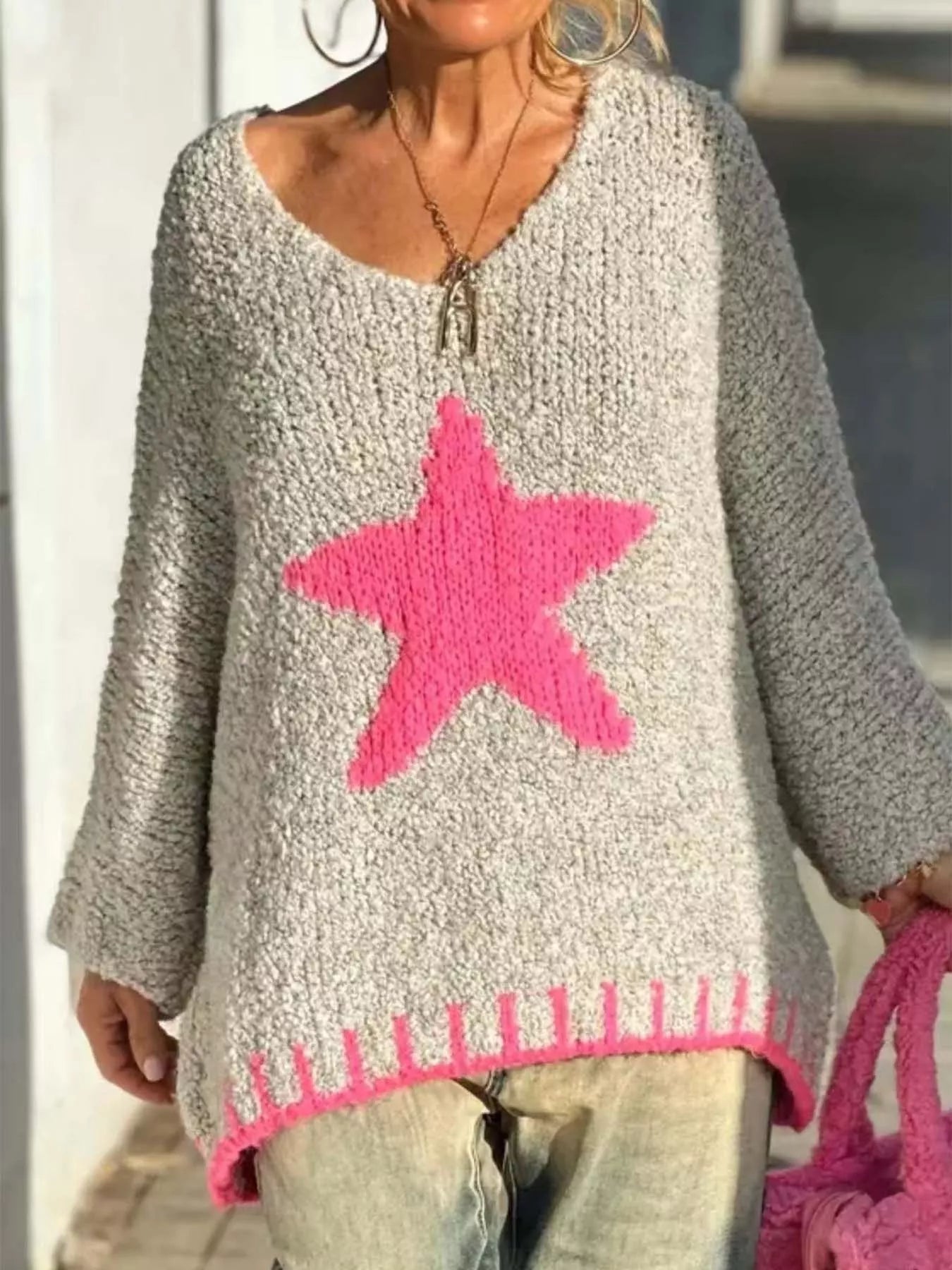 Star V - Neck Long Sleeve Sweater - StyleLure