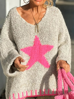 Star V - Neck Long Sleeve Sweater - StyleLure