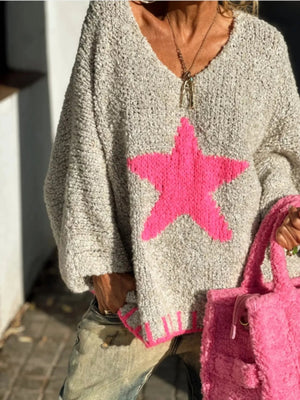 Star V - Neck Long Sleeve Sweater - StyleLure
