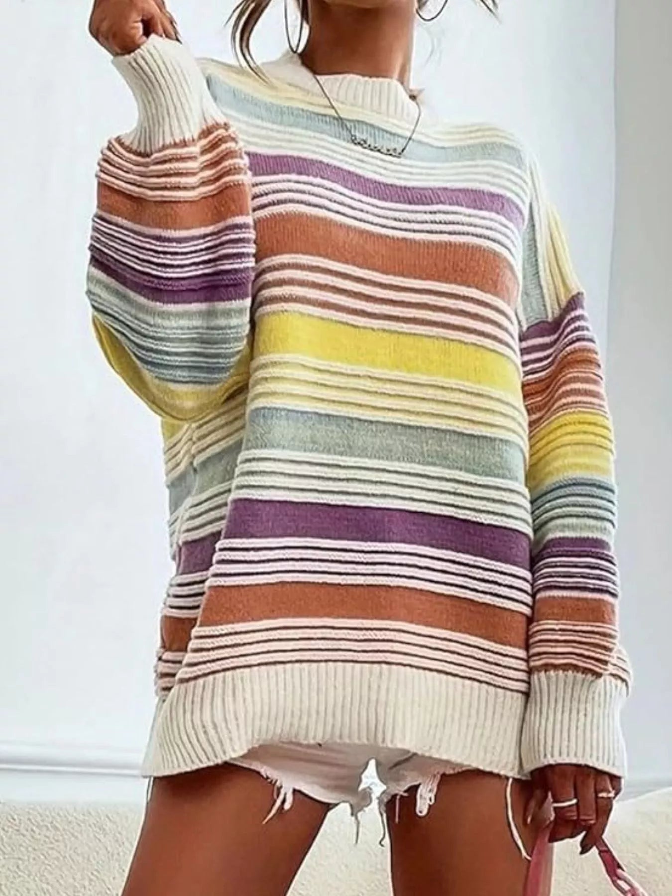 Striped Knit Long Sleeve Sweater - StyleLure