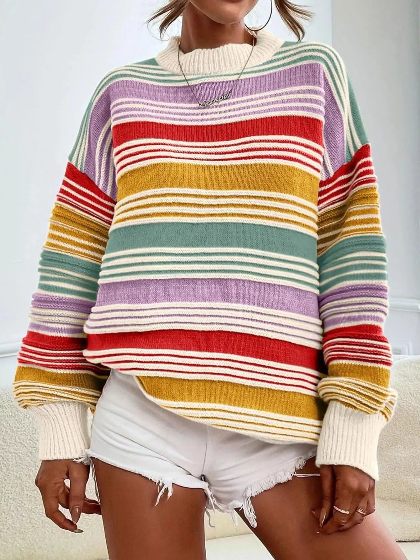 Striped Knit Long Sleeve Sweater - StyleLure