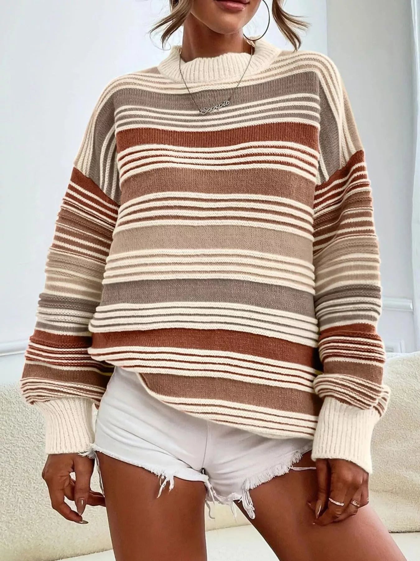 Striped Knit Long Sleeve Sweater - StyleLure