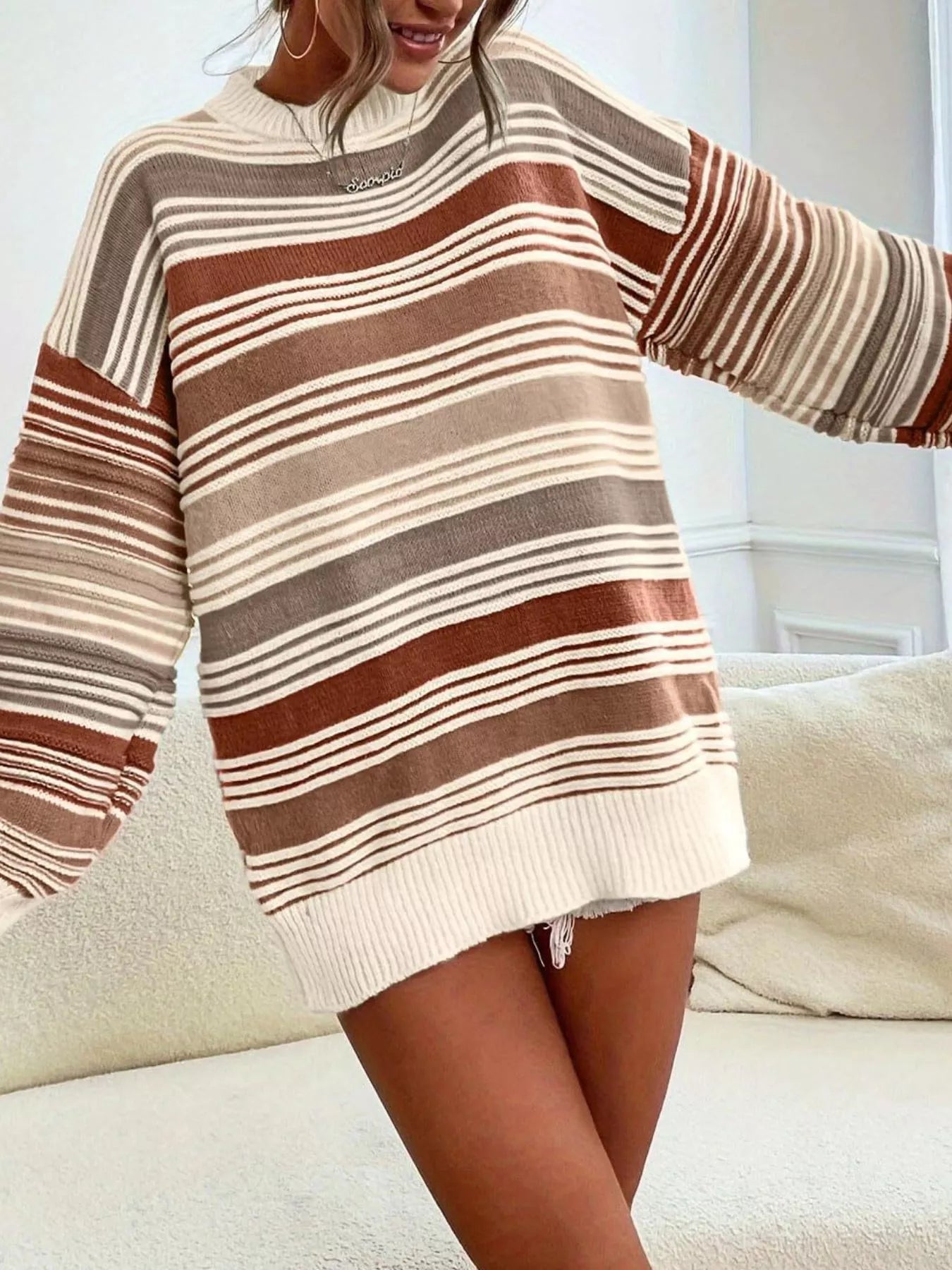 Striped Knit Long Sleeve Sweater - StyleLure