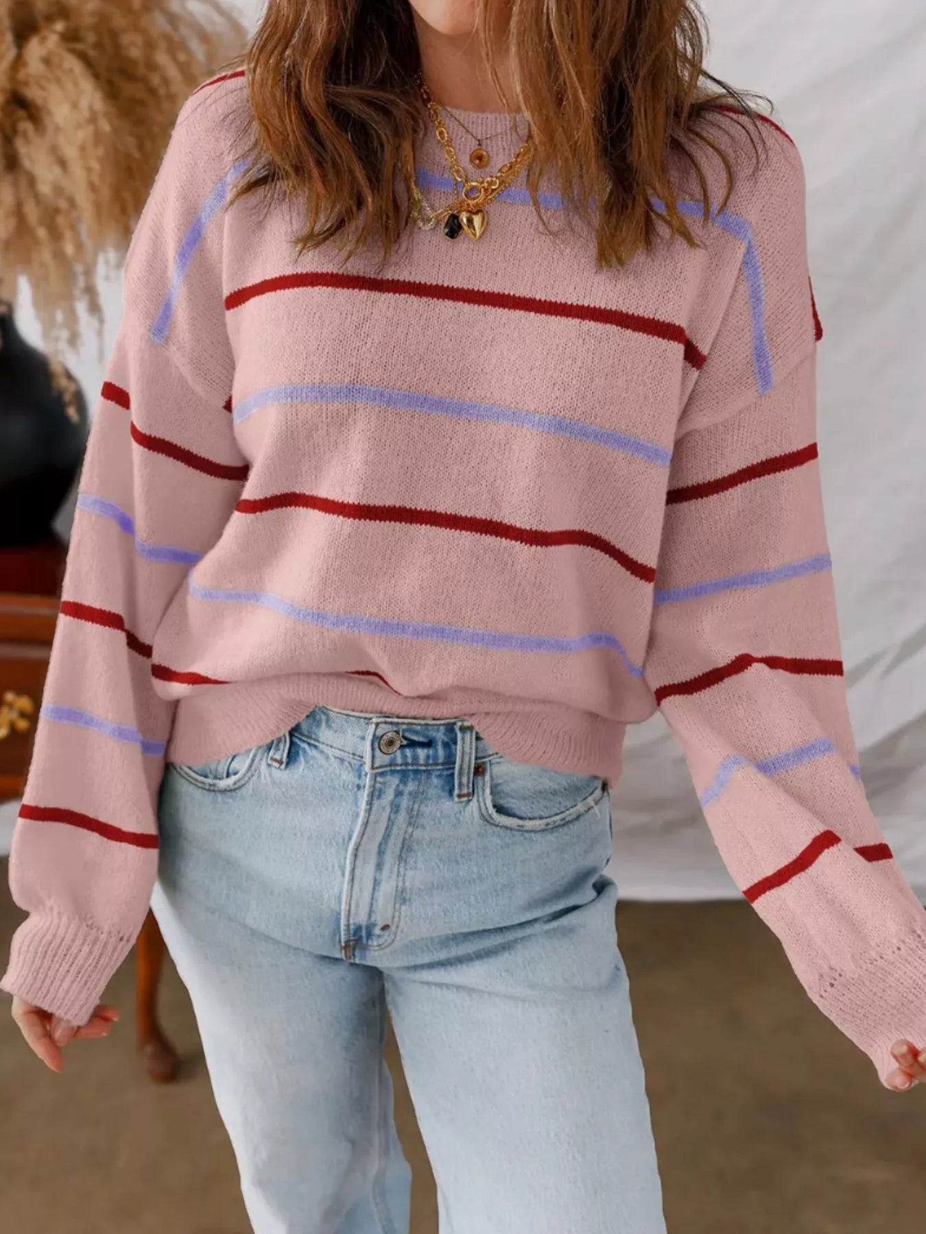 Striped Knit Round Neck Sweater - StyleLure
