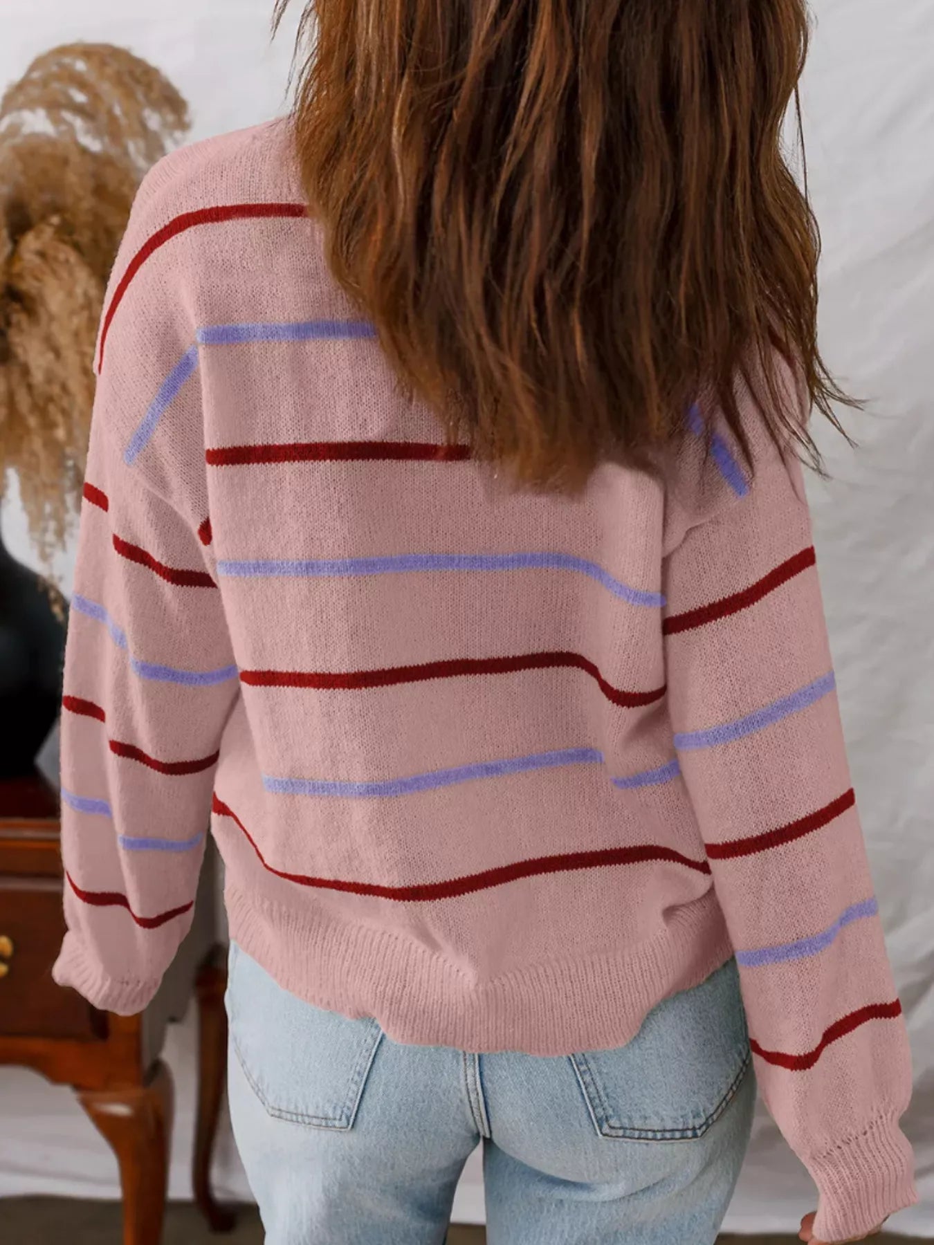 Striped Round Neck Drop Shoulder Sweater - StyleLure