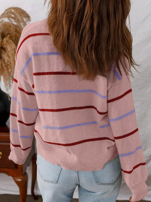 Striped Round Neck Drop Shoulder Sweater - StyleLure