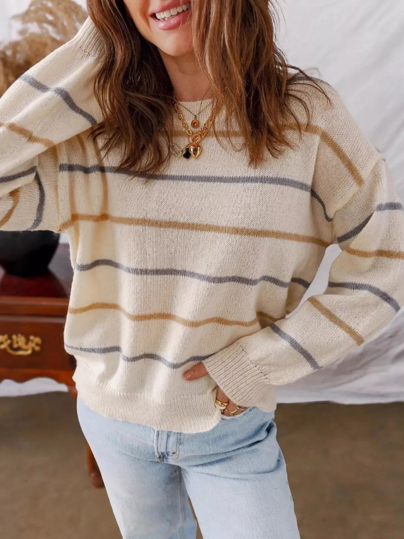 Striped Round Neck Drop Shoulder Sweater - StyleLure