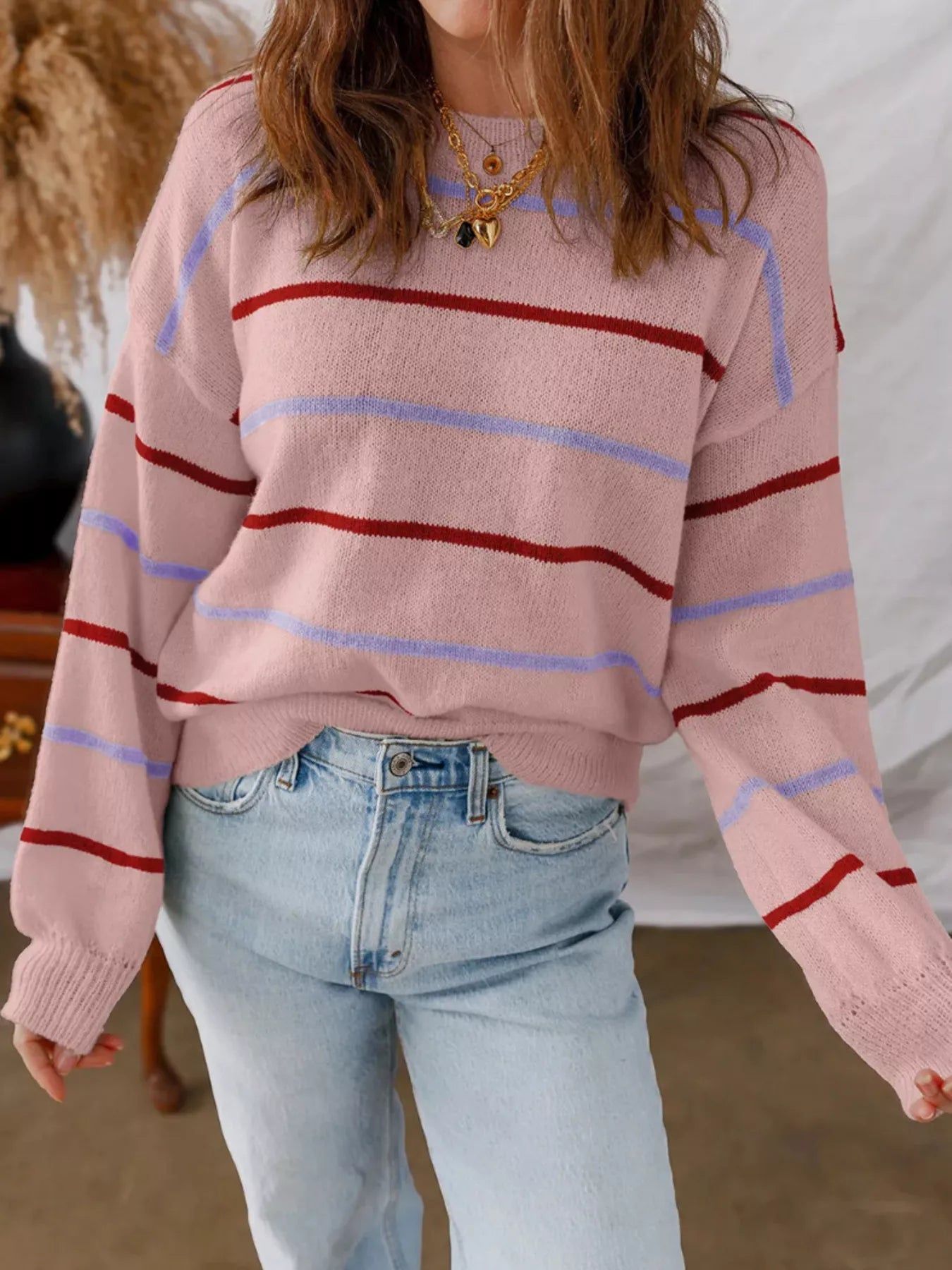 Striped Round Neck Drop Shoulder Sweater - StyleLure