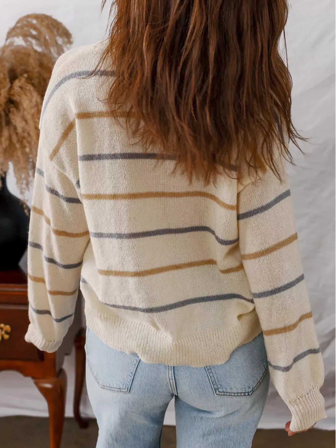 Striped Round Neck Drop Shoulder Sweater - StyleLure