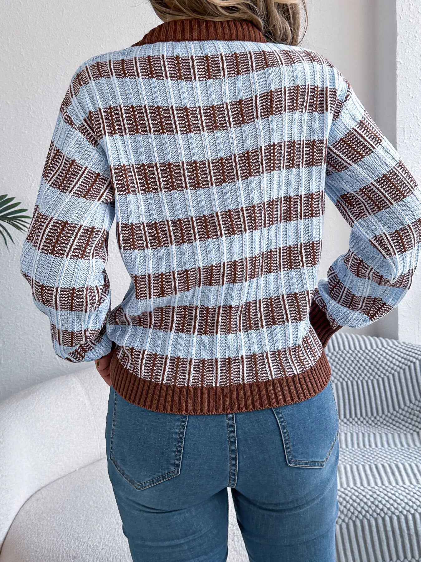 Striped Round Neck Long Sleeve Sweater - StyleLure
