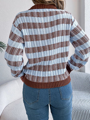Striped Round Neck Long Sleeve Sweater - StyleLure