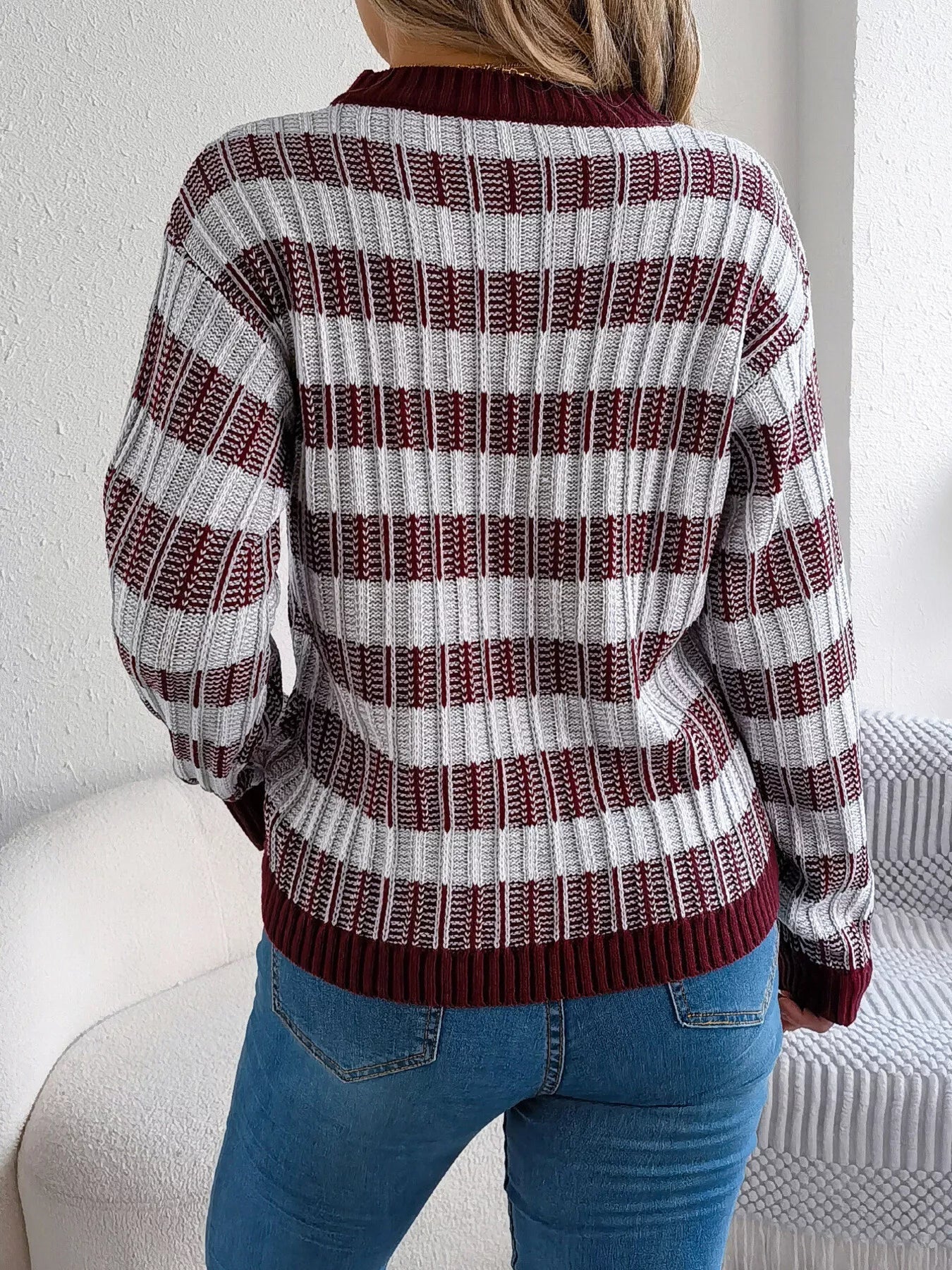 Striped Round Neck Long Sleeve Sweater - StyleLure