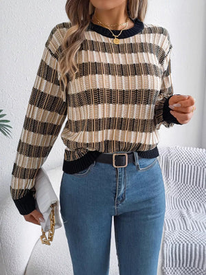 Striped Round Neck Long Sleeve Sweater - StyleLure