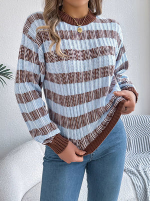 Striped Round Neck Long Sleeve Sweater - StyleLure