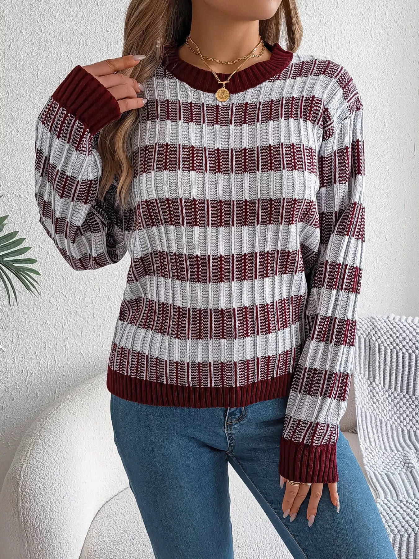 Striped Round Neck Long Sleeve Sweater - StyleLure