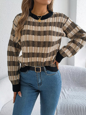 Striped Round Neck Long Sleeve Sweater - StyleLure
