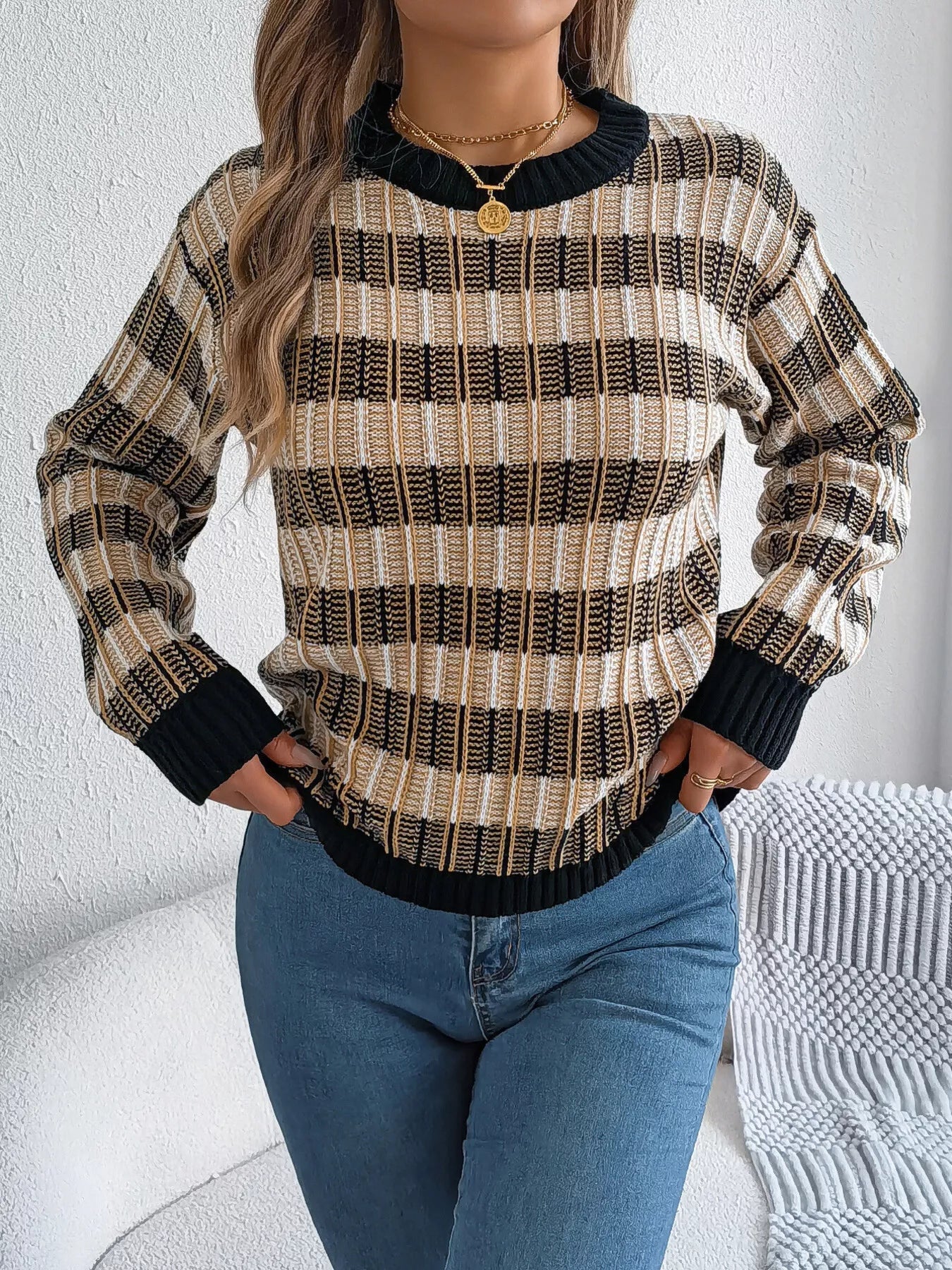 Striped Round Neck Long Sleeve Sweater - StyleLure