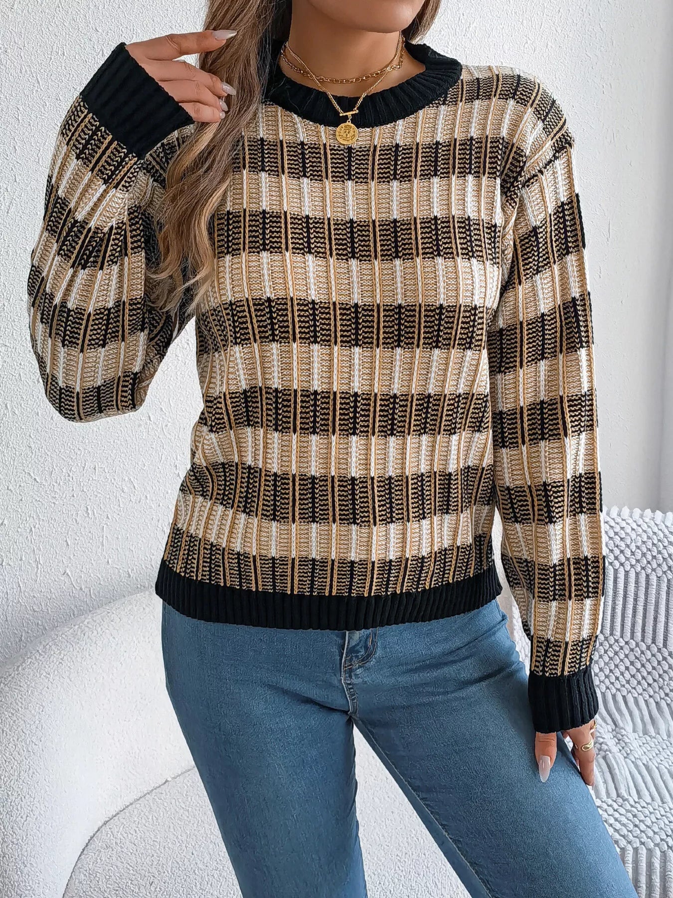 Striped Round Neck Long Sleeve Sweater - StyleLure