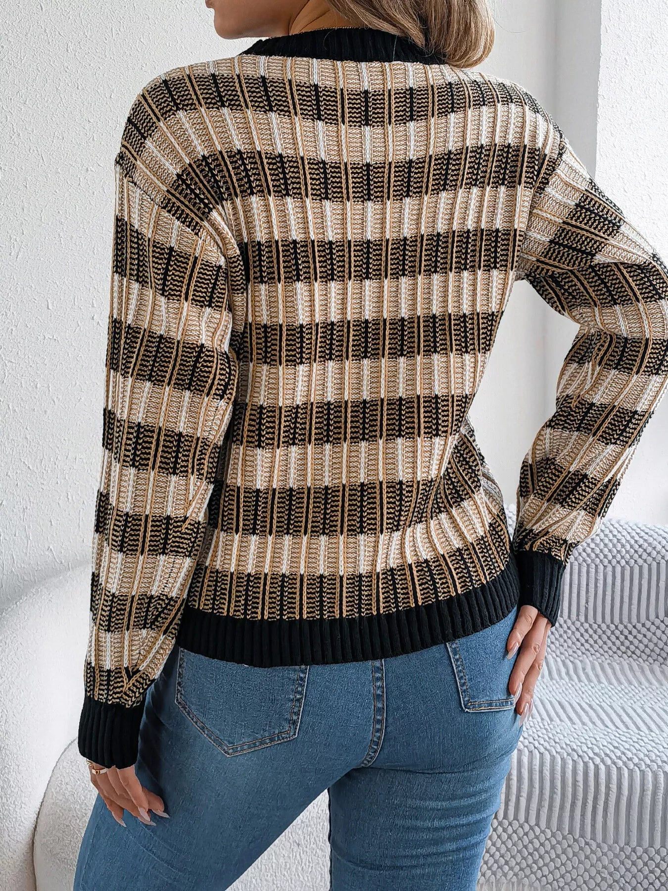 Striped Round Neck Long Sleeve Sweater - StyleLure