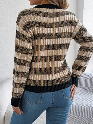 Striped Round Neck Long Sleeve Sweater - StyleLure