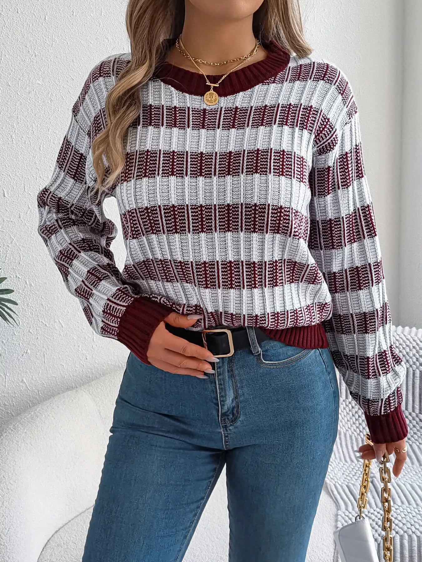 Striped Round Neck Long Sleeve Sweater - StyleLure