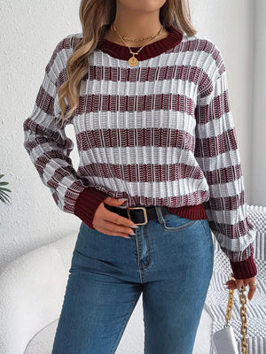 Striped Round Neck Long Sleeve Sweater - StyleLure