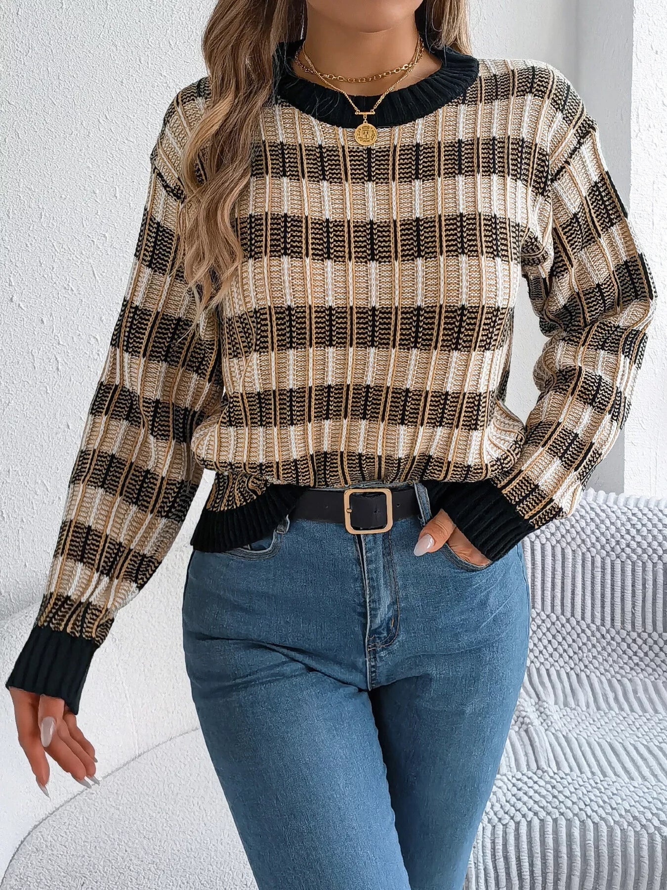 Striped Round Neck Long Sleeve Sweater - StyleLure