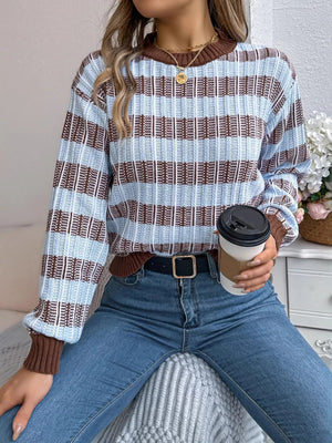Striped Round Neck Long Sleeve Sweater - StyleLure