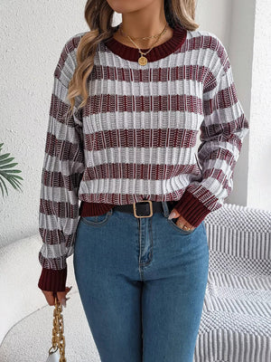 Striped Round Neck Long Sleeve Sweater - StyleLure