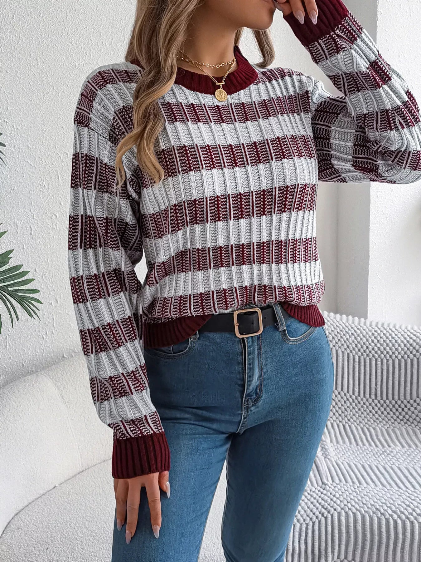 Striped Round Neck Long Sleeve Sweater - StyleLure