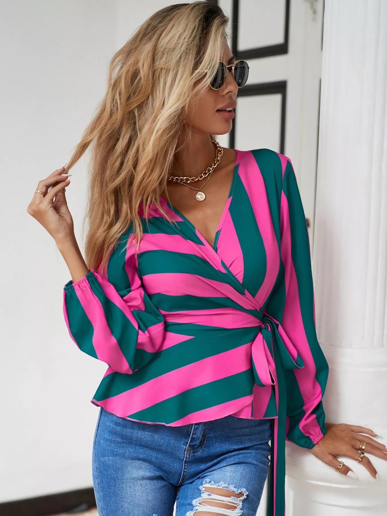 Striped Wrap Blouse with Tie Detail - StyleLure
