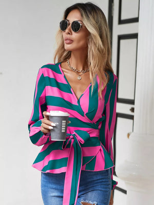 Striped Wrap Blouse with Tie Detail - StyleLure