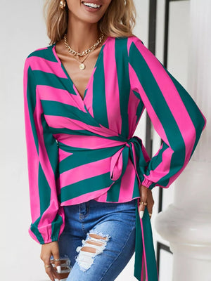 Striped Wrap Blouse with Tie Detail - StyleLure