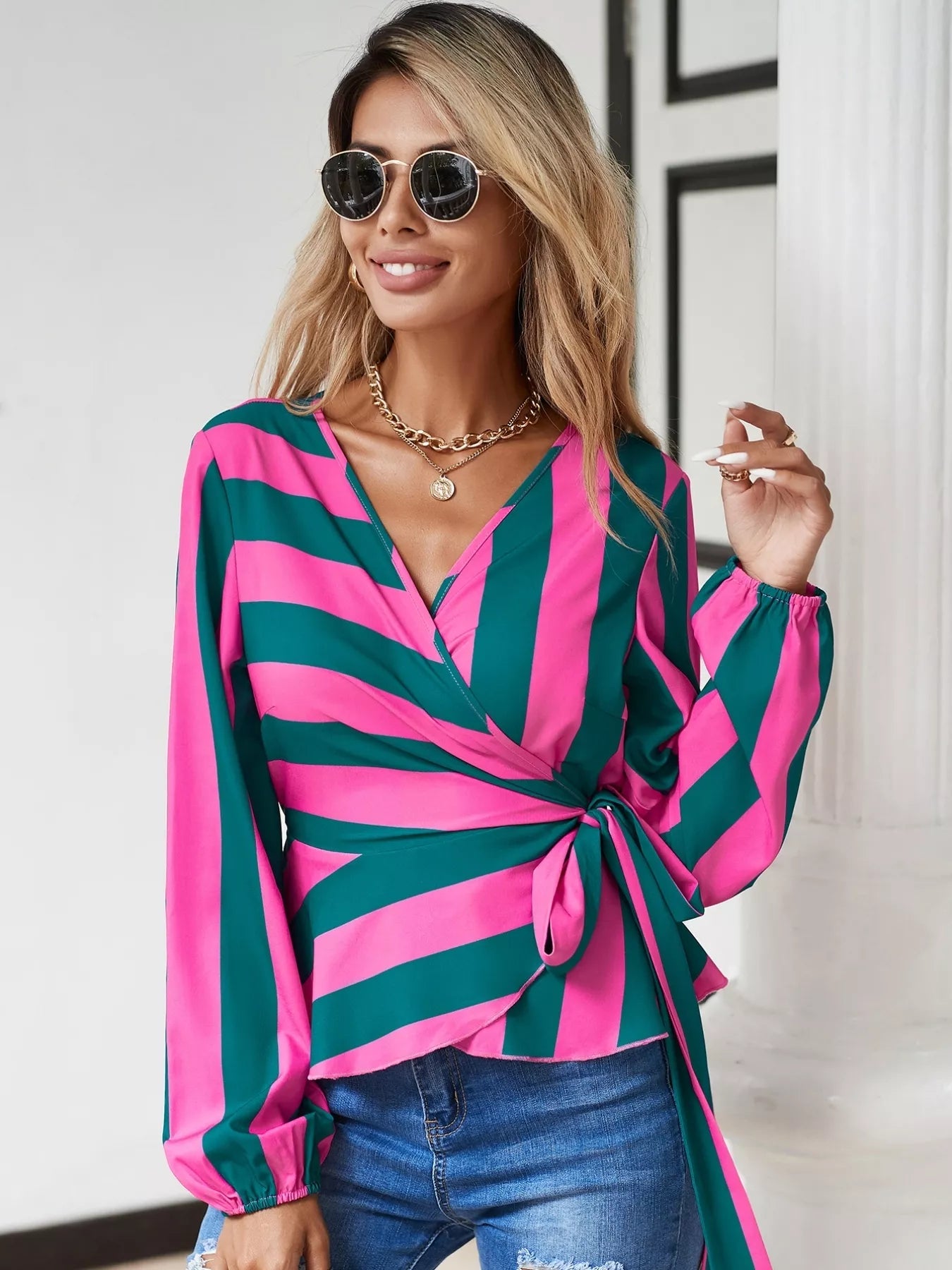 Striped Wrap Blouse with Tie Detail - StyleLure