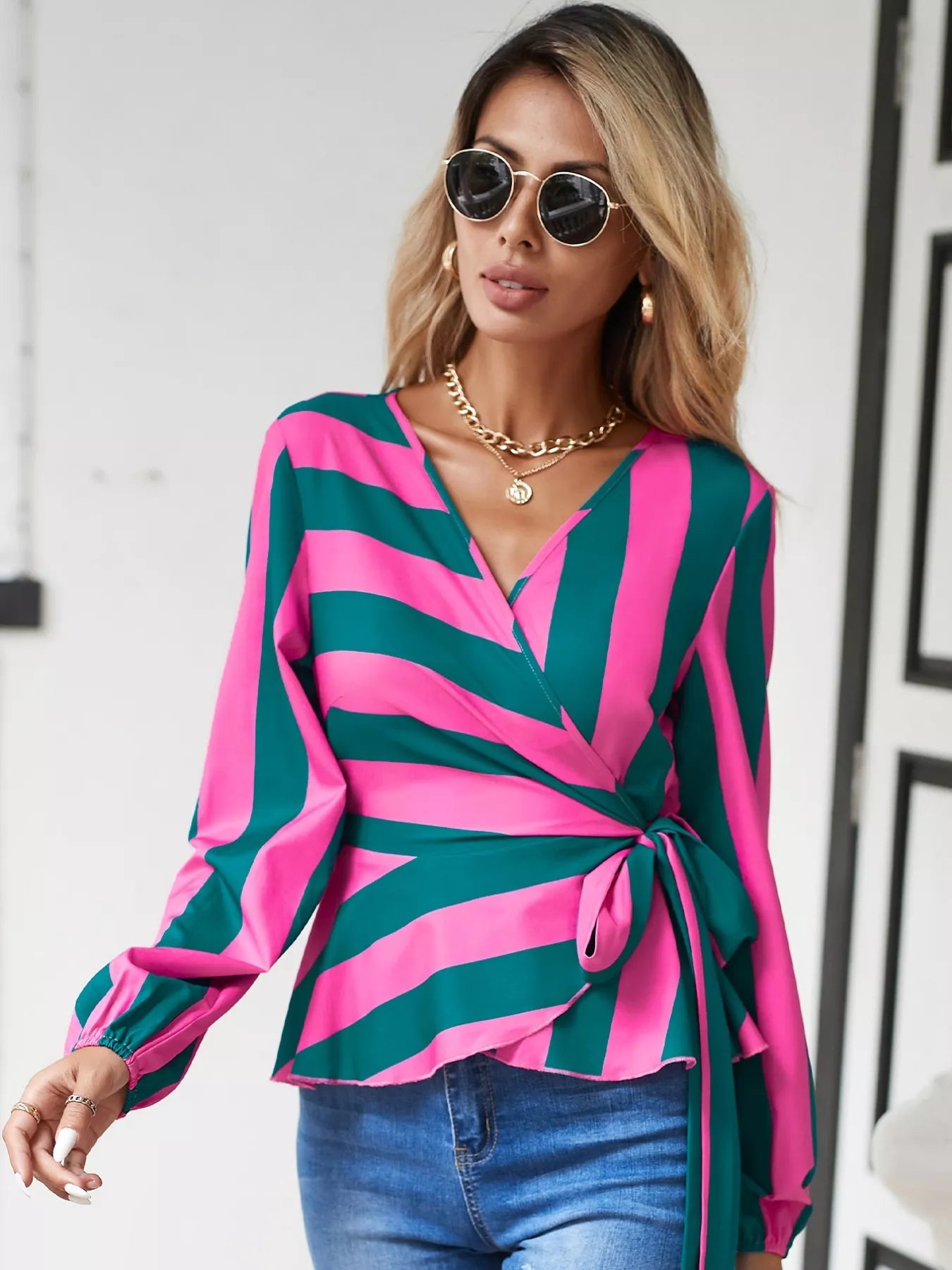 Striped Wrap Blouse with Tie Detail - StyleLure