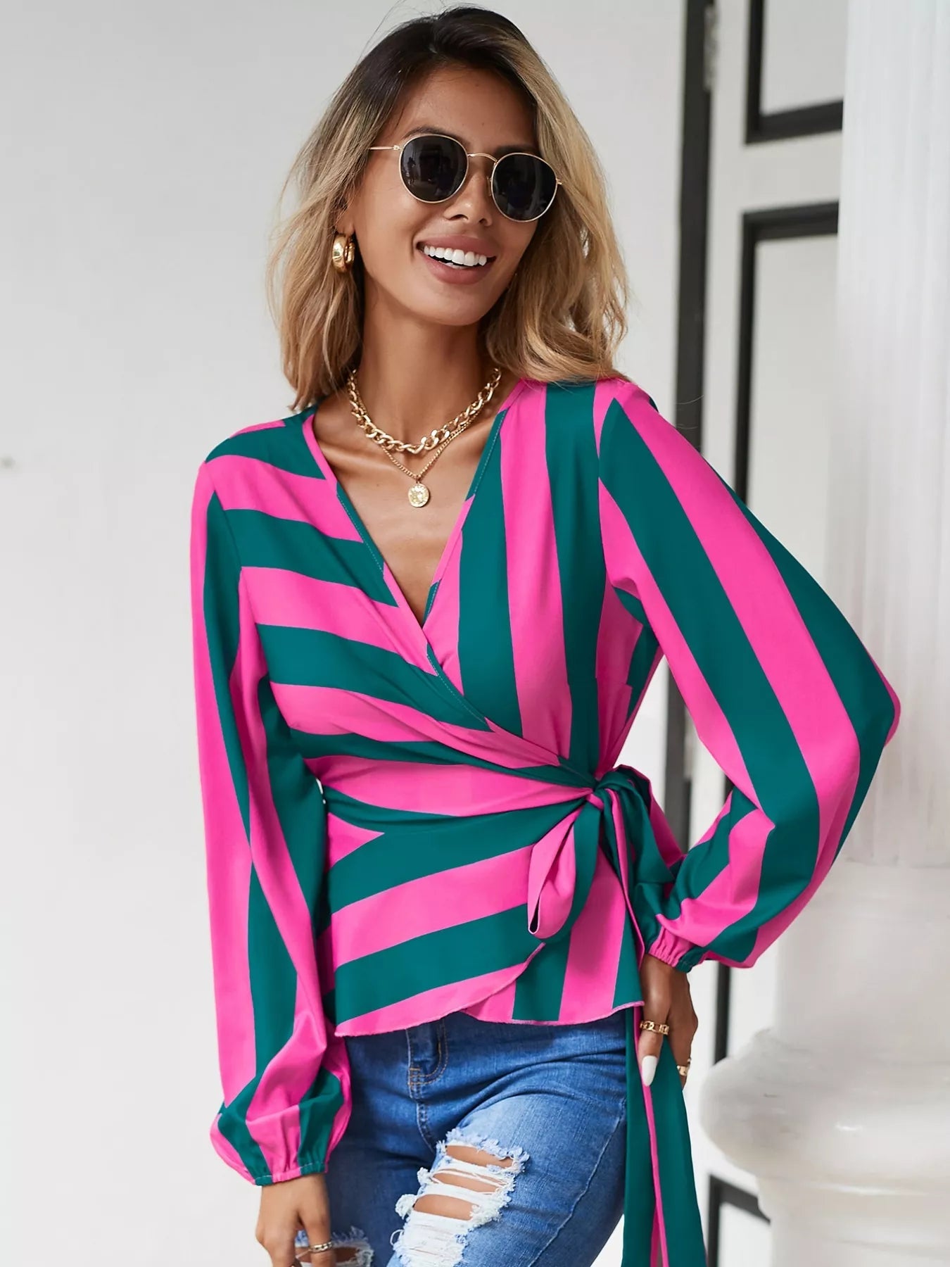 Striped Wrap Blouse with Tie Detail - StyleLure