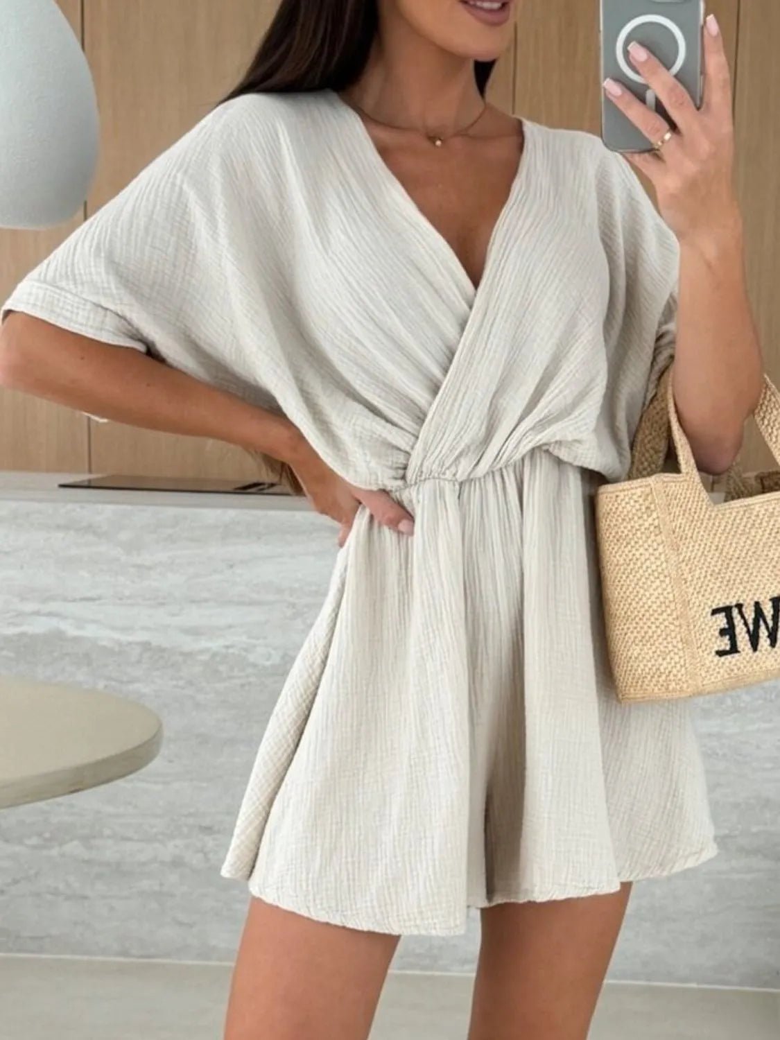 Surplice Half Sleeve Wrap Romper - StyleLure