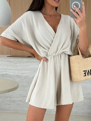 Surplice Half Sleeve Wrap Romper - StyleLure