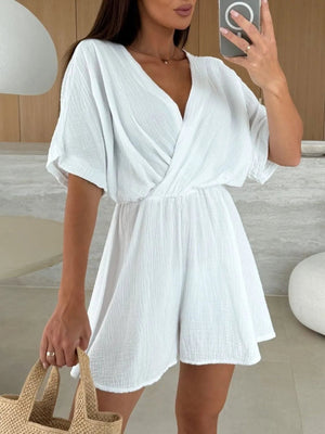 Surplice Half Sleeve Wrap Romper - StyleLure