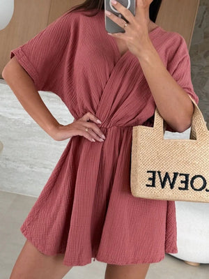 Surplice Half Sleeve Wrap Romper - StyleLure