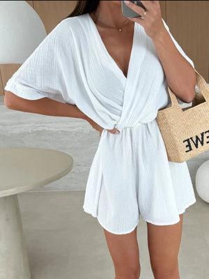 Surplice Half Sleeve Wrap Romper - StyleLure