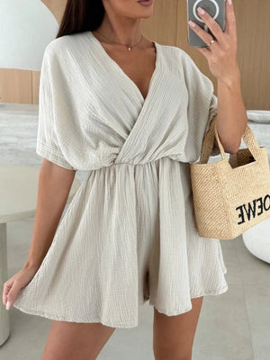 Surplice Half Sleeve Wrap Romper - StyleLure
