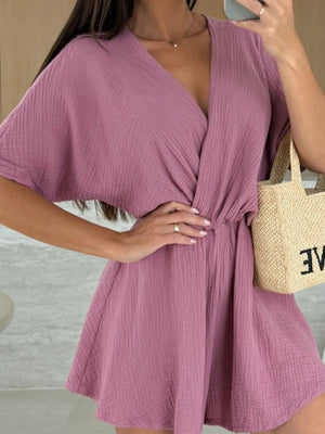 Surplice Half Sleeve Wrap Romper - StyleLure