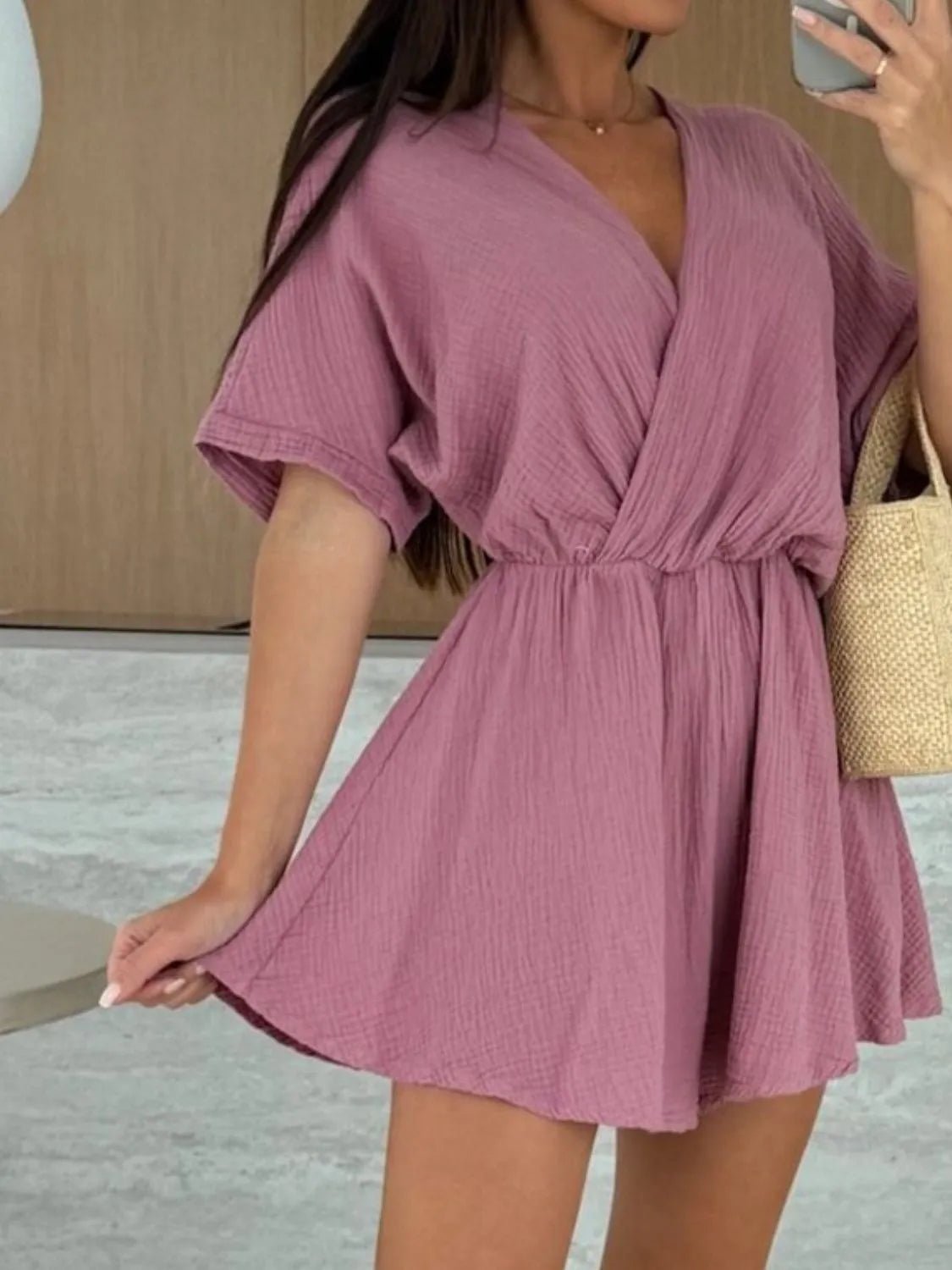 Surplice Half Sleeve Wrap Romper - StyleLure