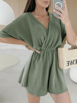 Surplice Half Sleeve Wrap Romper - StyleLure