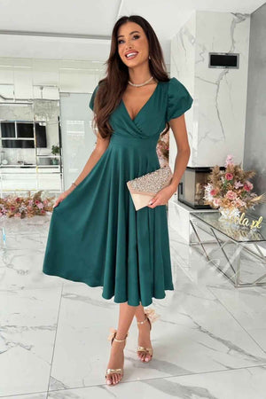 Surplice Puff Sleeve Midi Dress - StyleLure