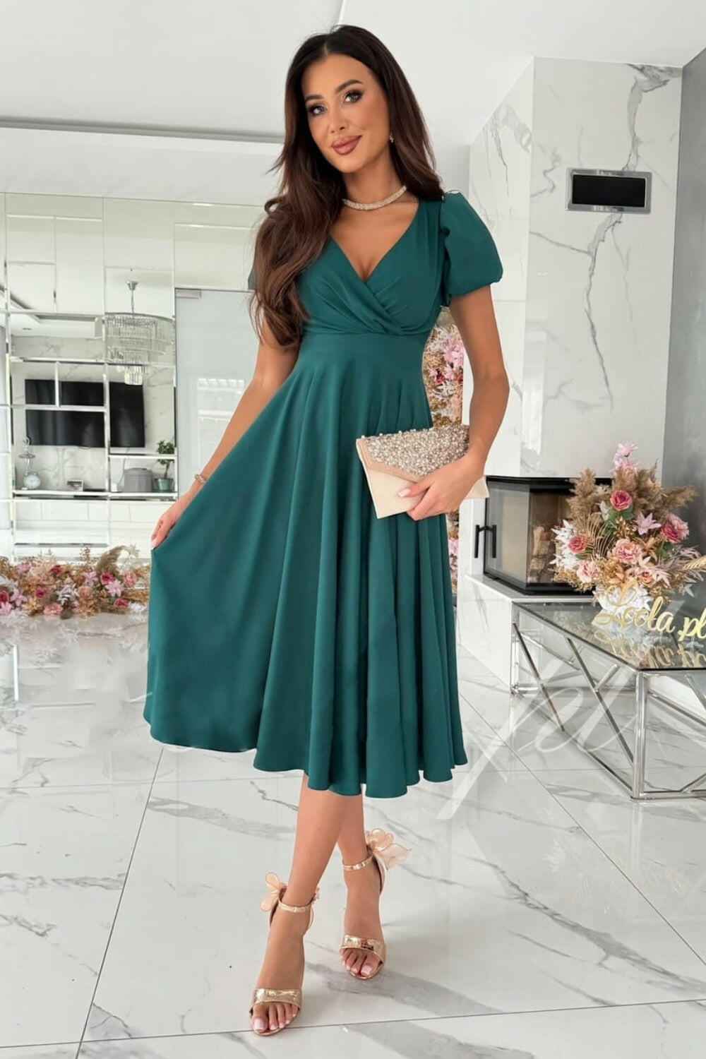 Surplice Puff Sleeve Midi Dress - StyleLure