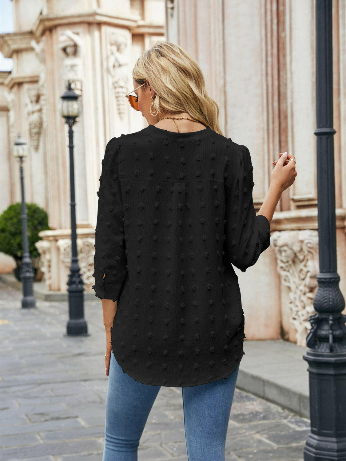 Swiss Dot Notched Neck Blouse - StyleLure