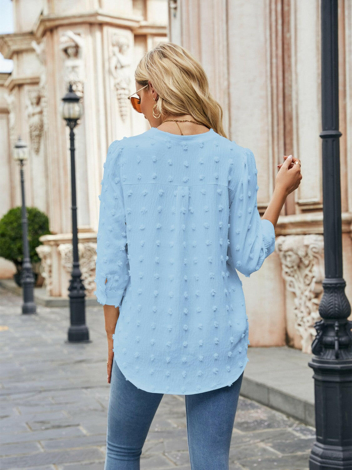 Swiss Dot Notched Neck Blouse - StyleLure