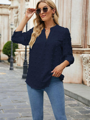 Swiss Dot Notched Neck Blouse - StyleLure